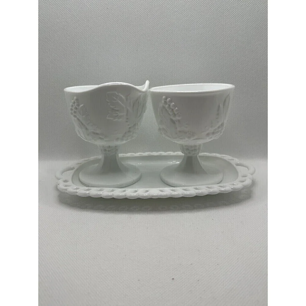 VTG Indiana Glass Colony Harvest Grape Milk Glass Pedestal Creamer Sugar & tray